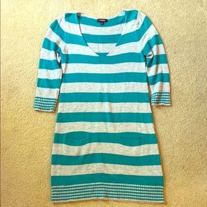 Express Tunic Vneck Striped Sweater Teal Gray Small